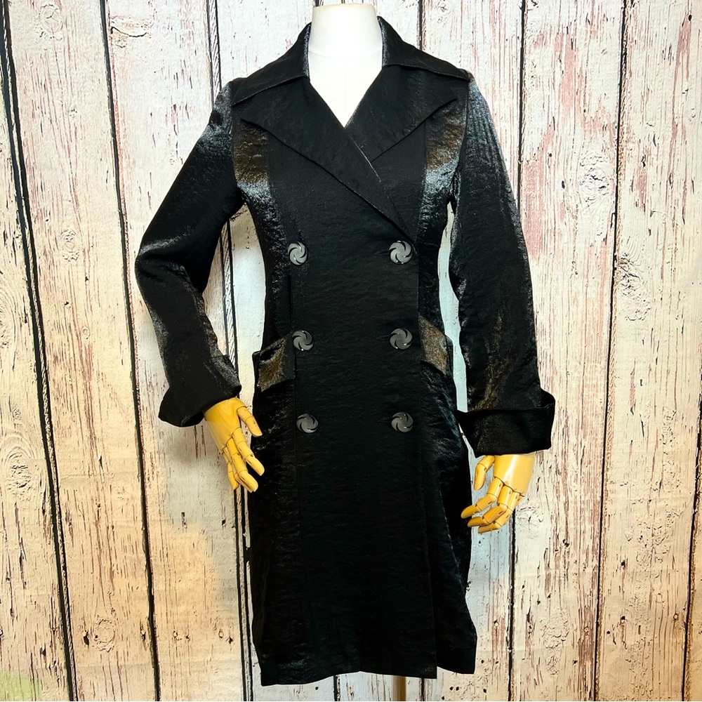 Anthropologie Tulle Black Shimmer Fitted Trench Coat Jacket Size Small EUC